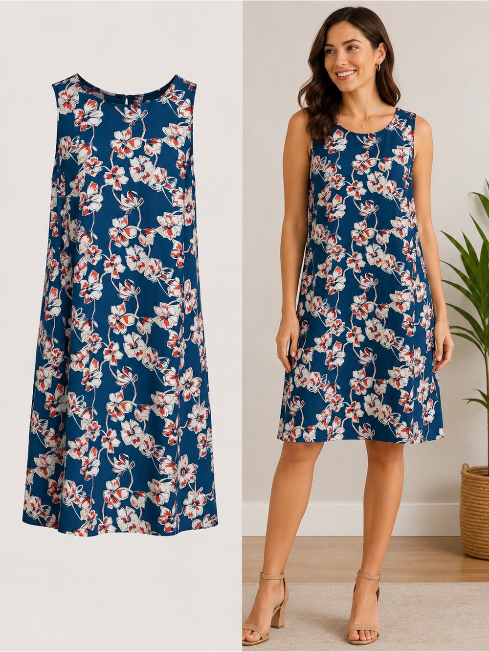 Halogen | Blue Floral Sleeveless Shift Dress Size Large | Career Casual Midi